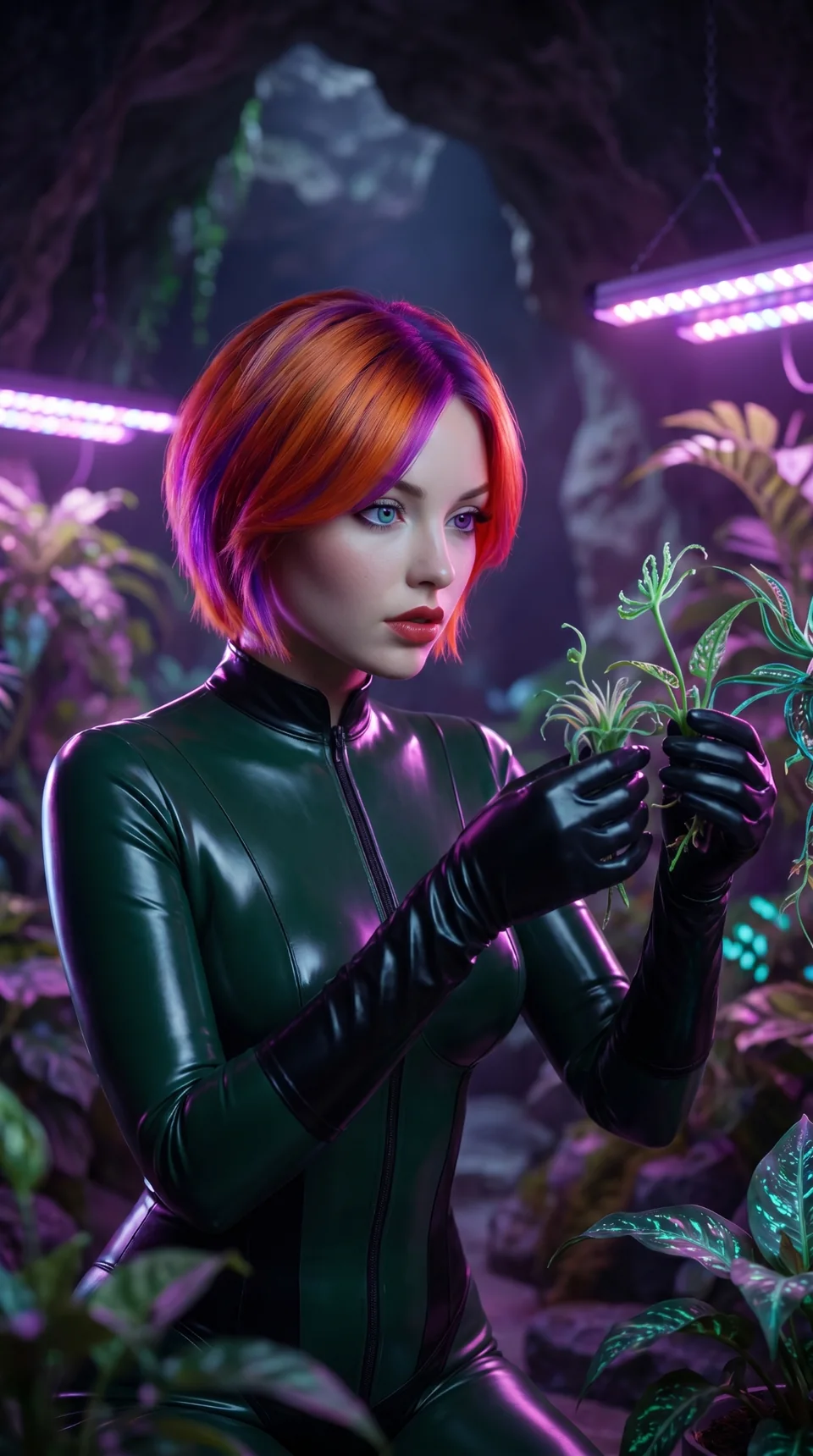 Violet tending a plant in the underground garden
