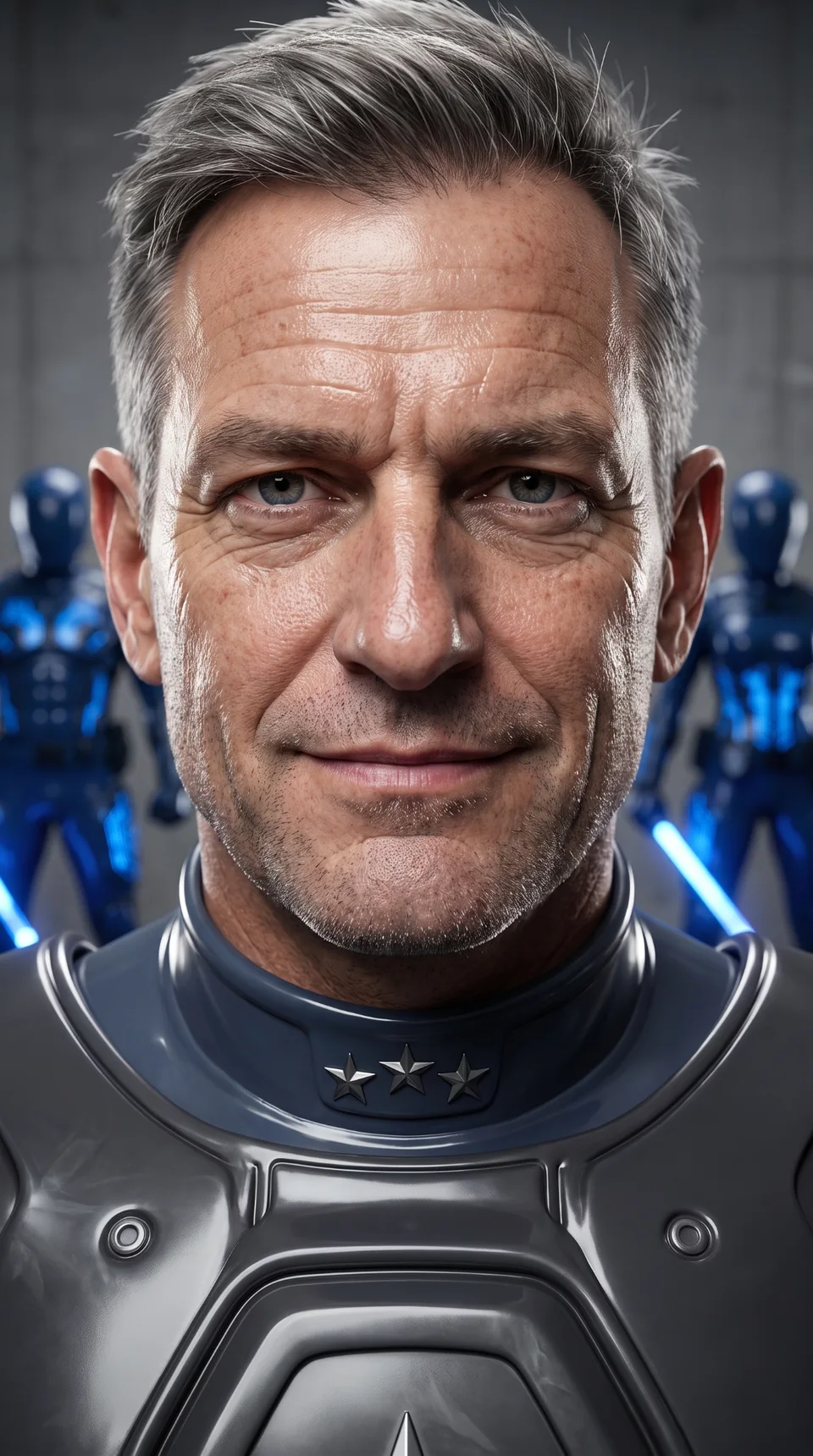Commander Gray in dark armour, facing forward with blue-armoured soldiers behind him