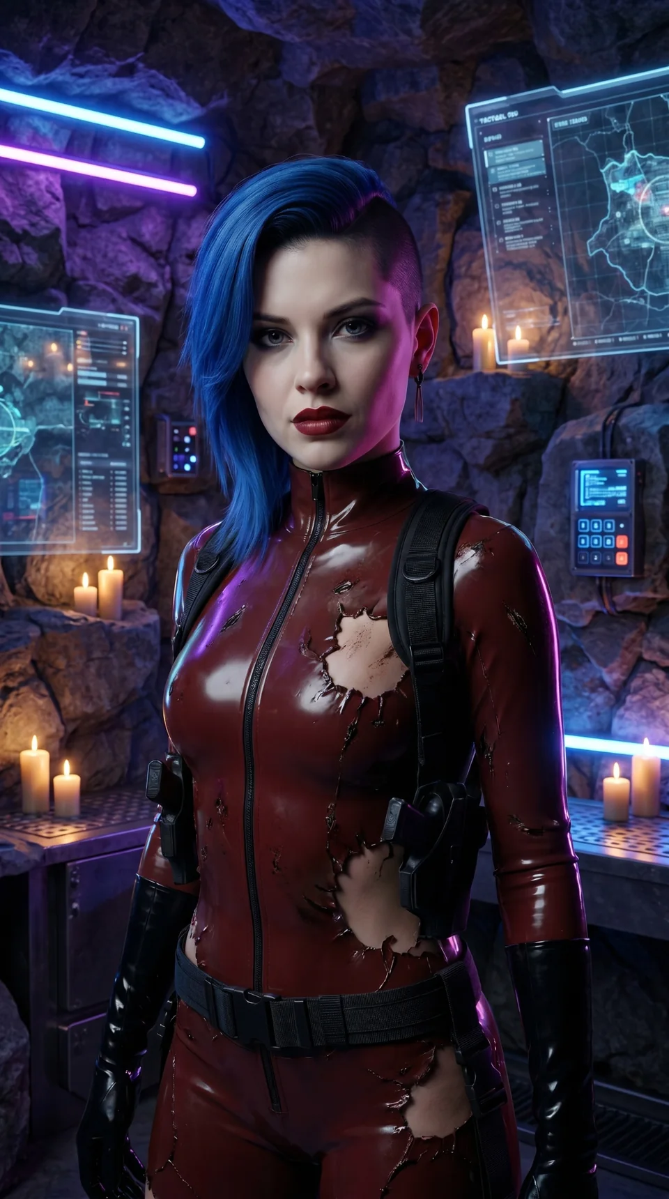Blue in the neon-lit command centre of the rebel cave