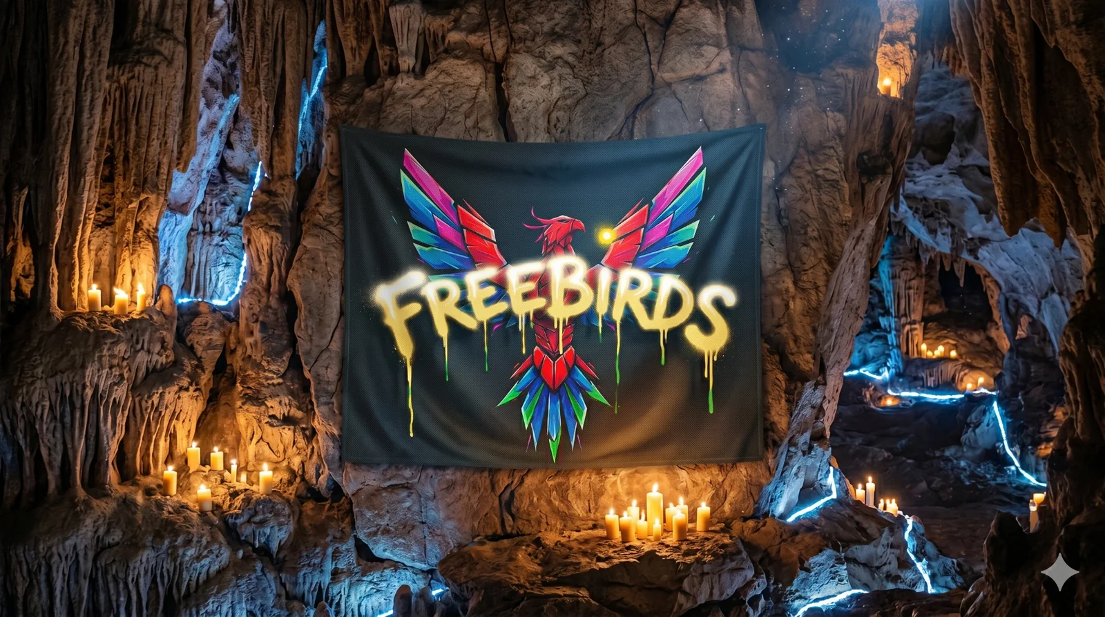 The Freebirds flag in their candlelit cave refuge