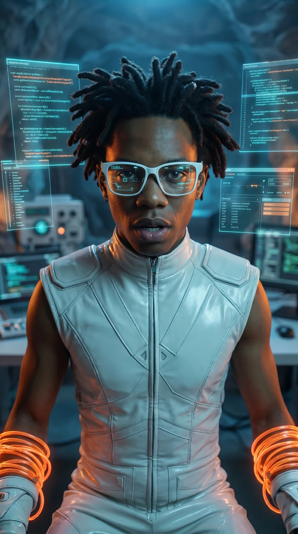 Ghost wearing glasses in front of illuminated computer displays