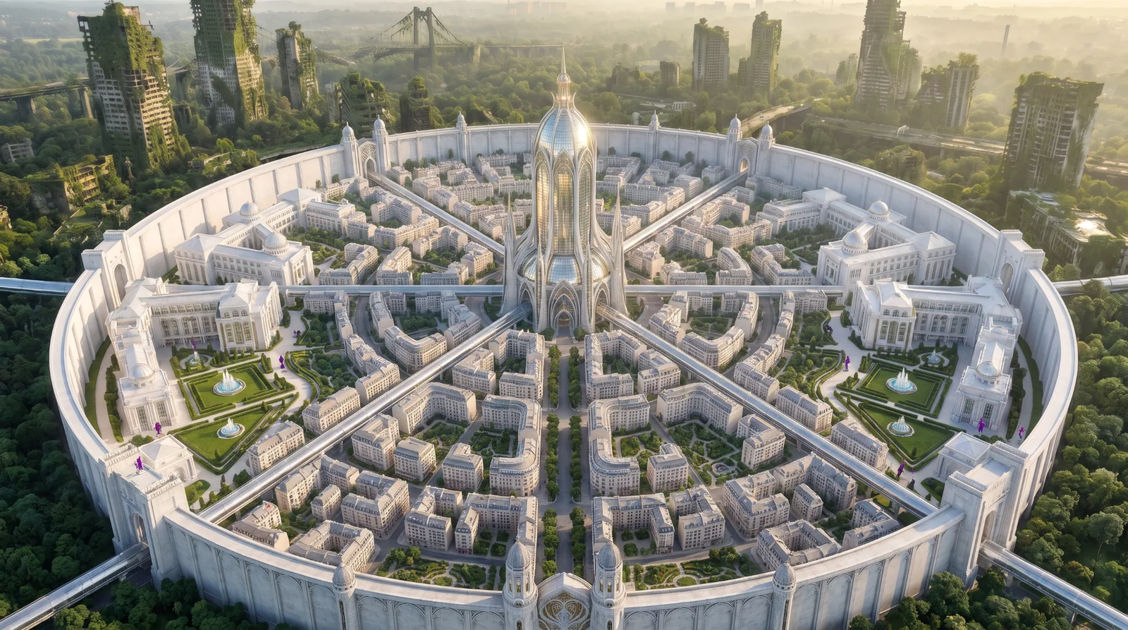 A walled White City at dawn, surrounded by abandoned towers reclaimed by forest