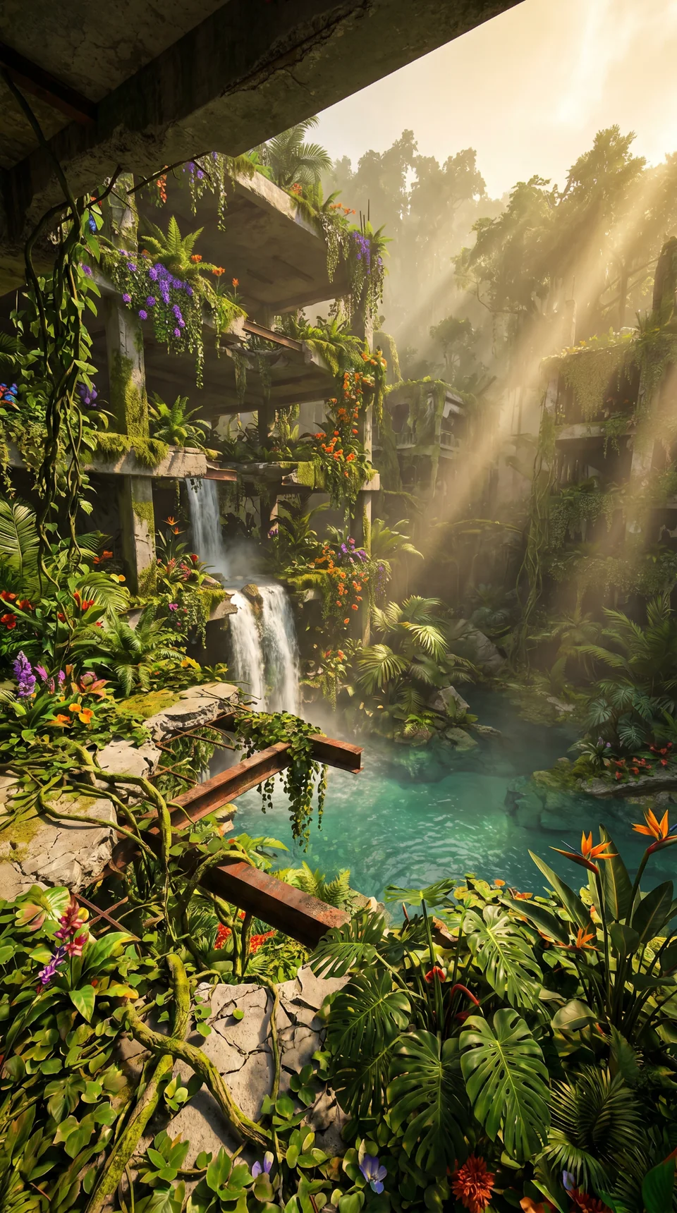 Sunlight and a waterfall in ruins reclaimed by nature
