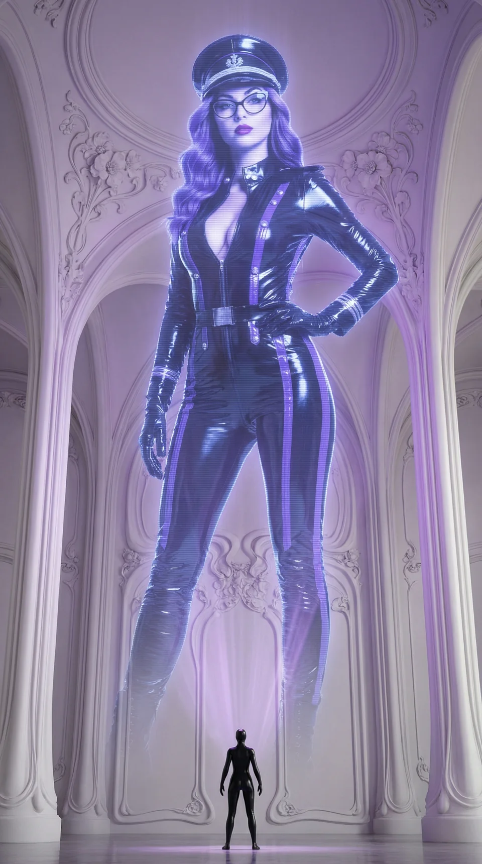 A monumental hologram of President Purple towers over a solitary citizen inside a white vaulted hall