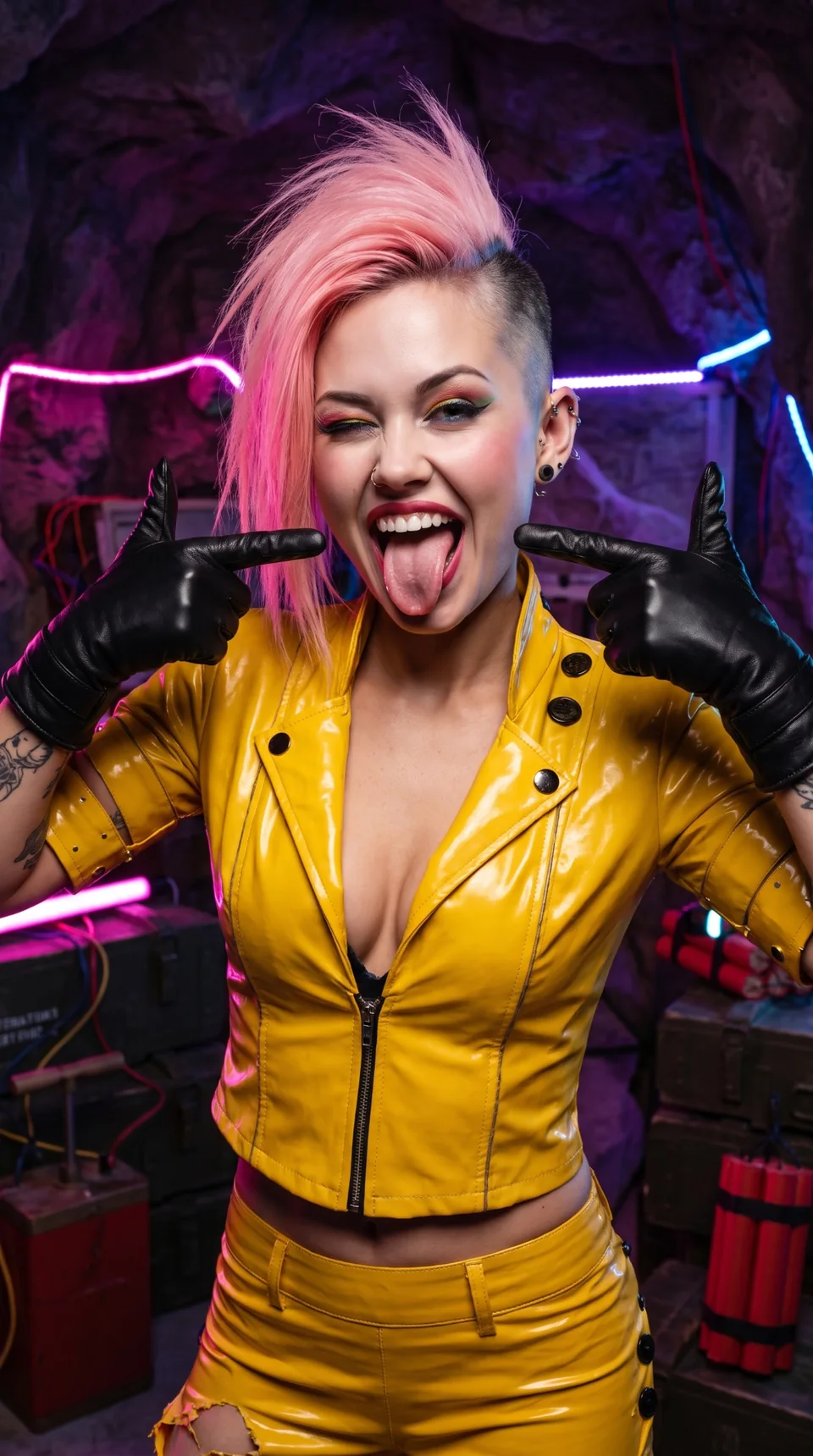 Pink winking and sticking out her tongue, with pink hair and a yellow jacket in the neon-lit rebel cave