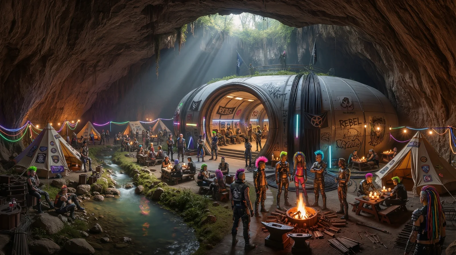 A rebel settlement with tents and a bunker inside a vast cave