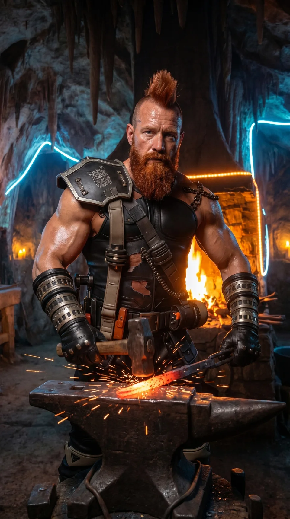 Red working at an anvil in his underground forge