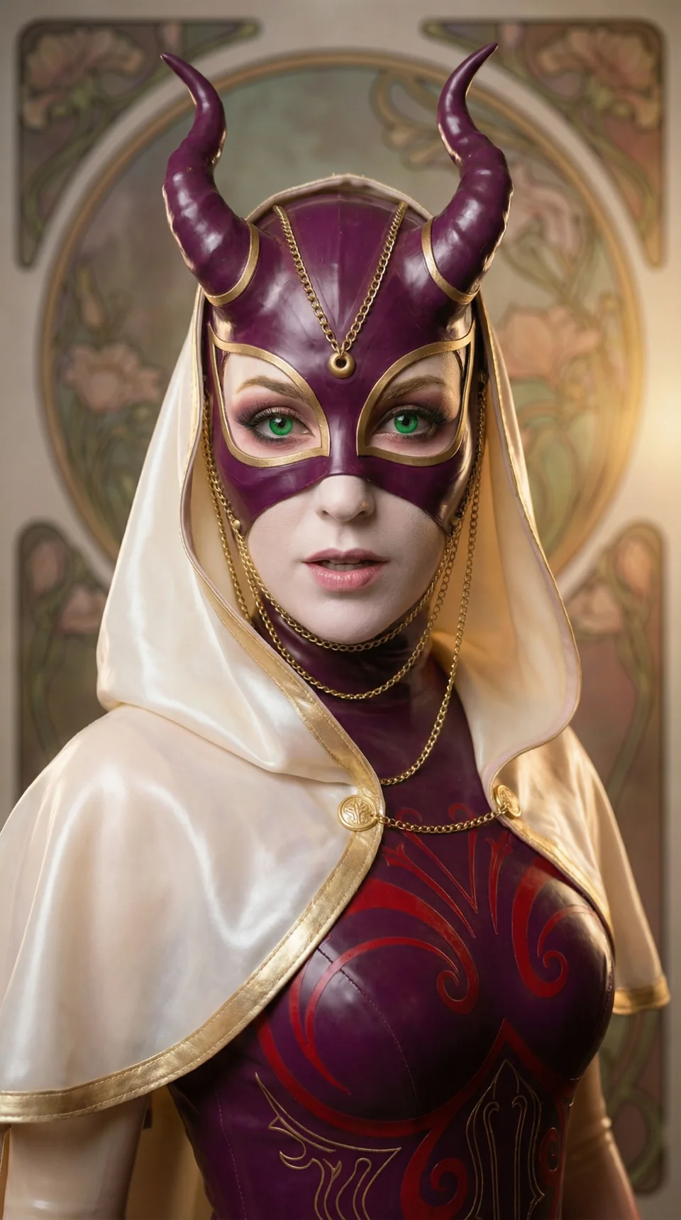 Scarlet wearing an ornate purple mask and a pale hood against an Art Nouveau background