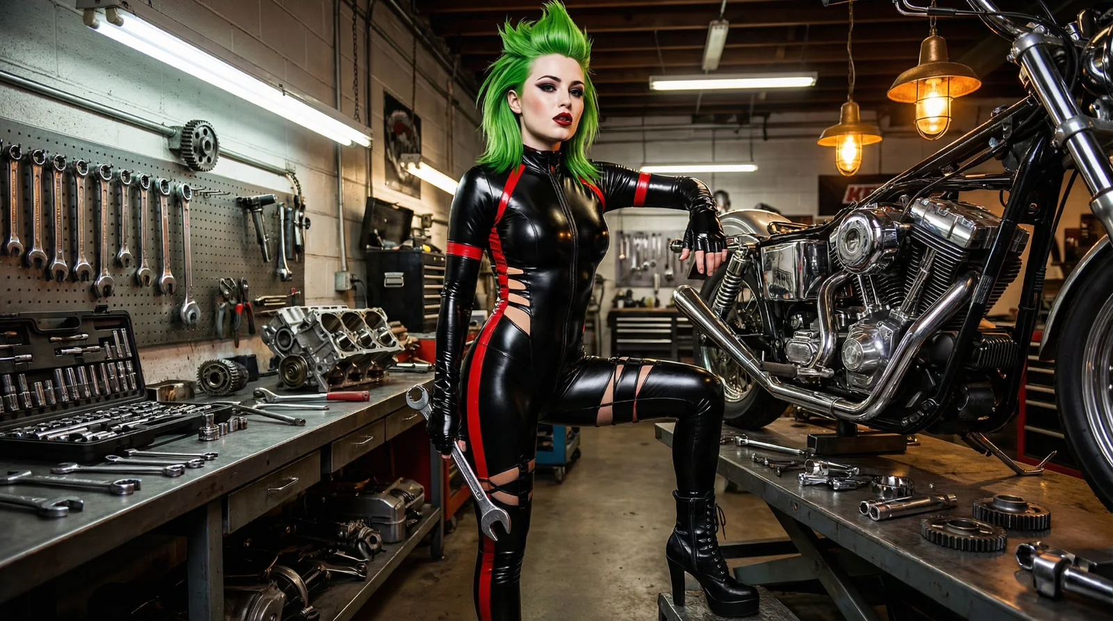 Viper in her workshop beside a motorcycle