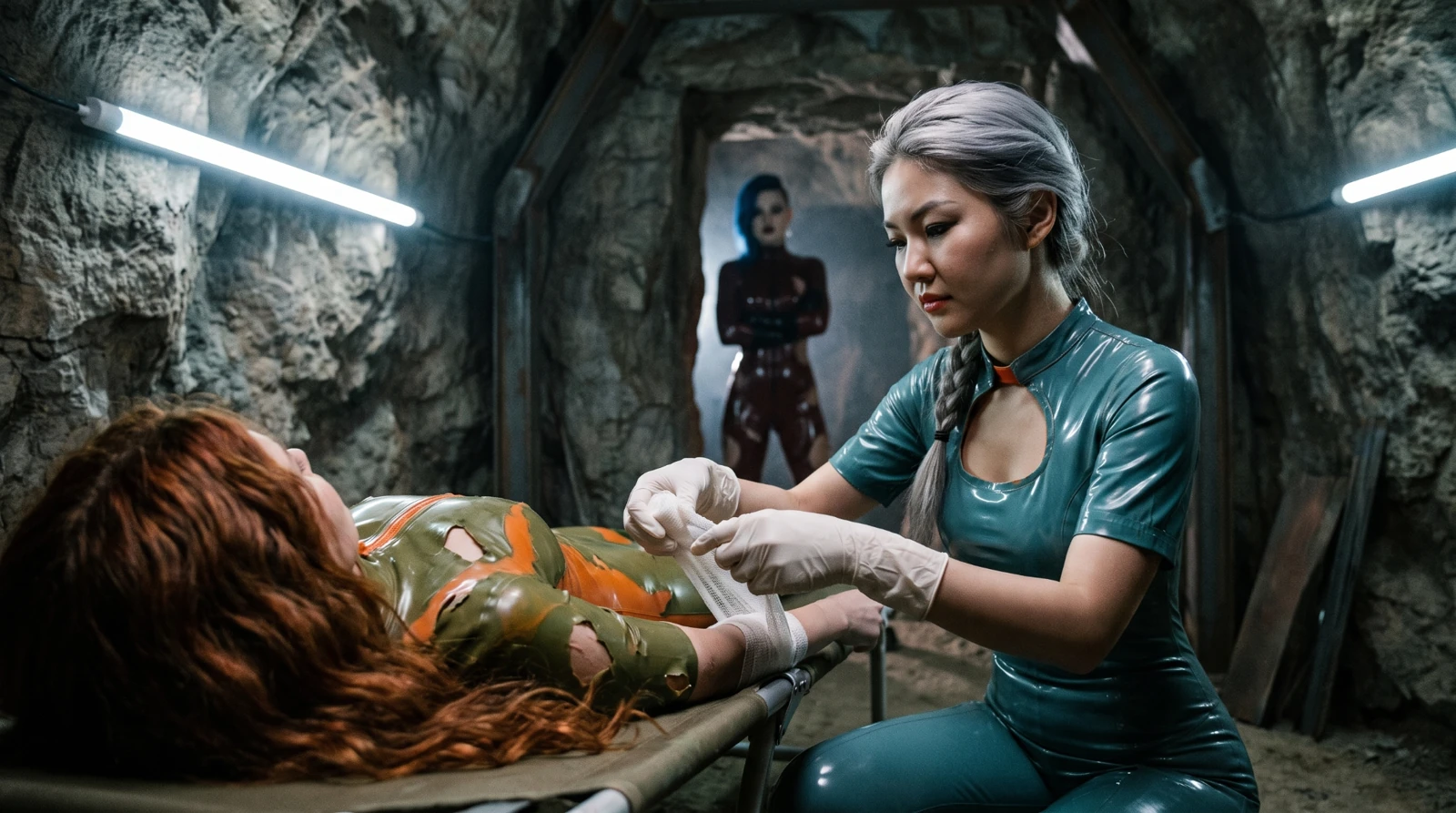 Sage bandaging an injured woman in the cave clinic while Blue watches from the doorway