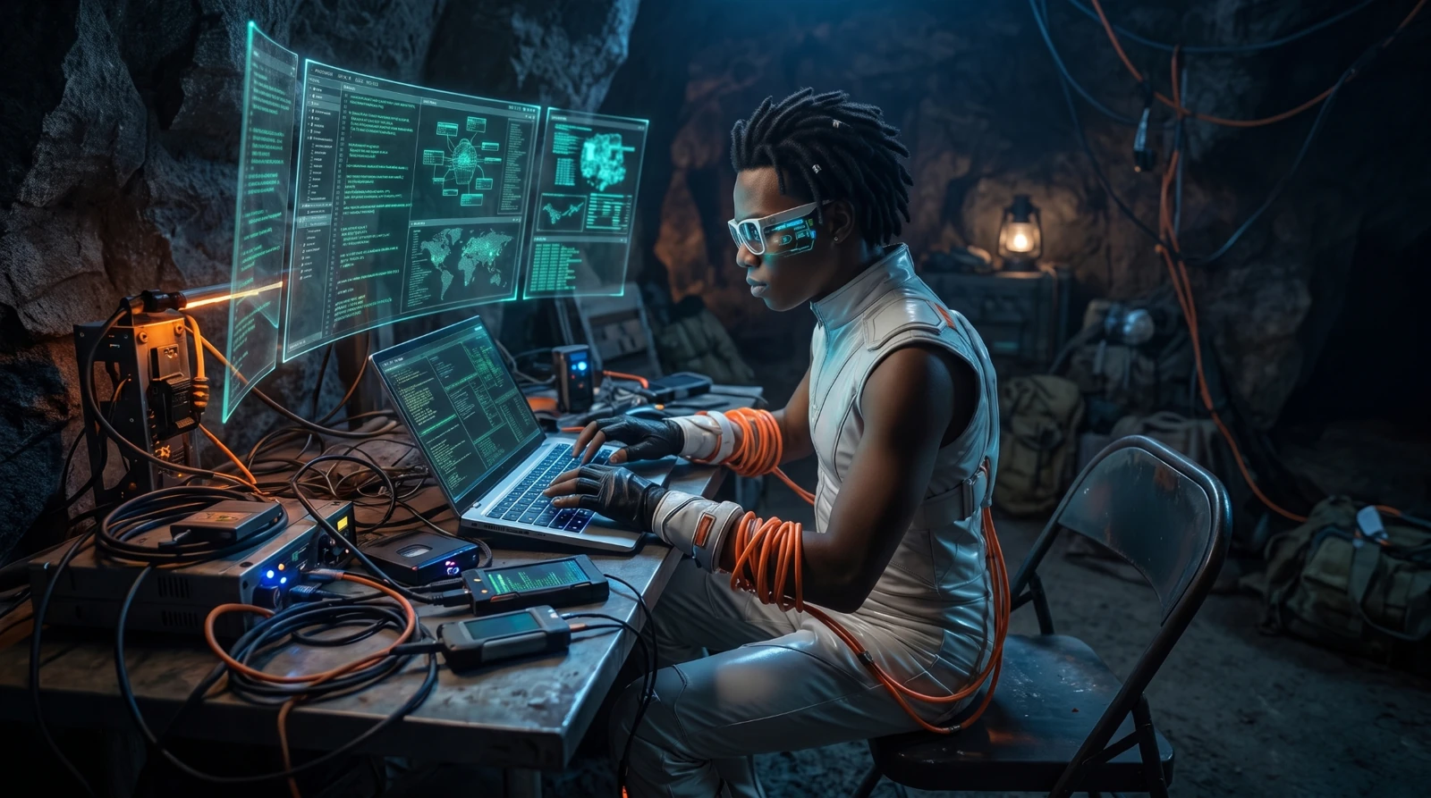 Ghost working on a laptop beneath holographic displays in his cave hacking station