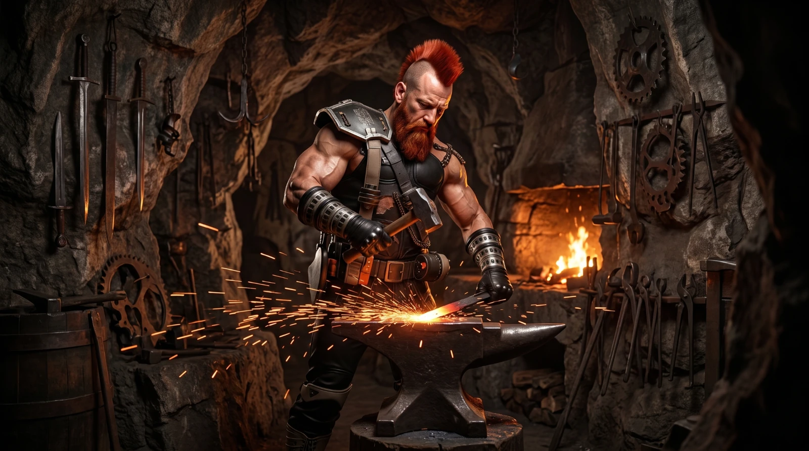 Red hammering glowing metal on an anvil amid sparks in the cave forge