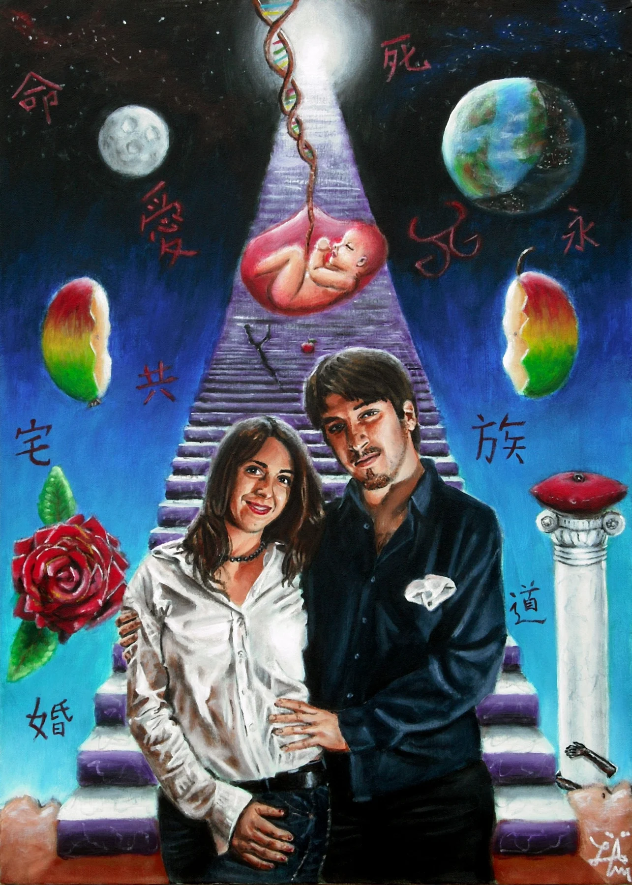 A couple beneath a cosmic stairway, DNA helix and symbolic objects
