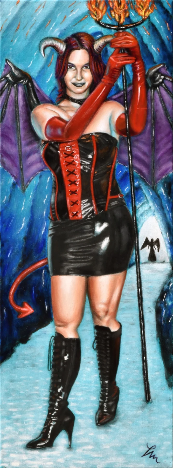A winged woman with horns, a red and black outfit and a flaming trident