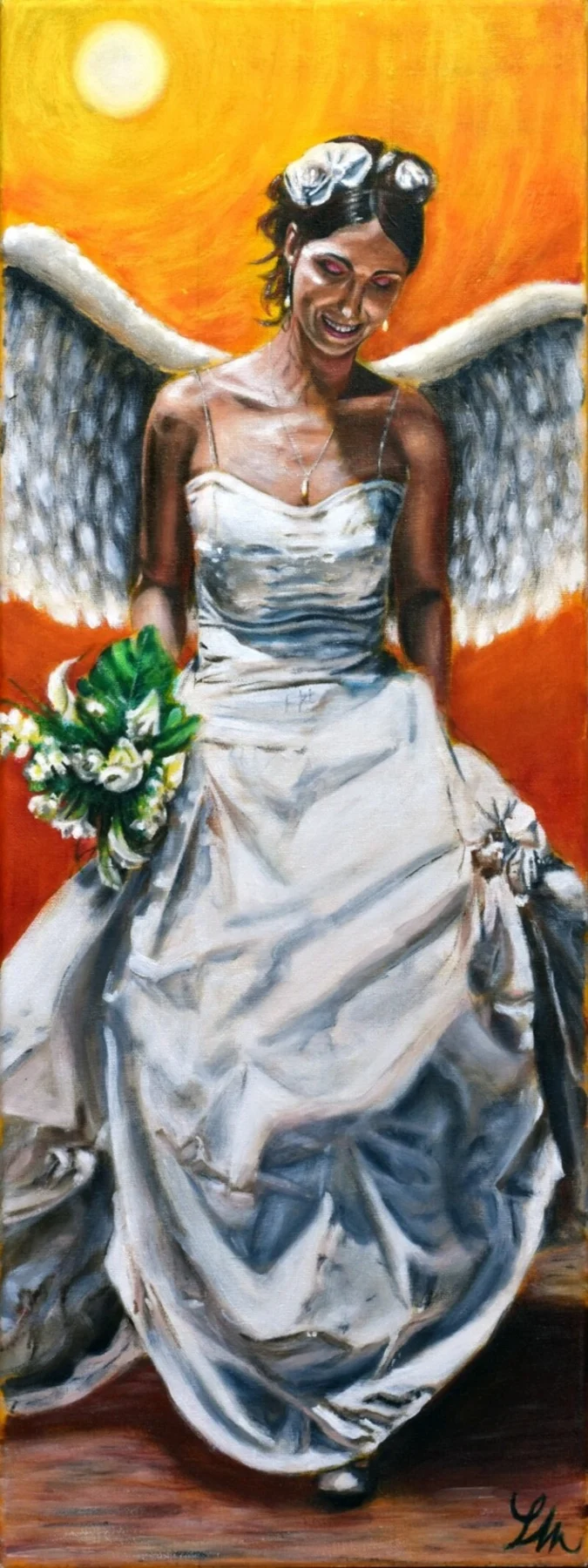 A bride with white wings against a golden sky