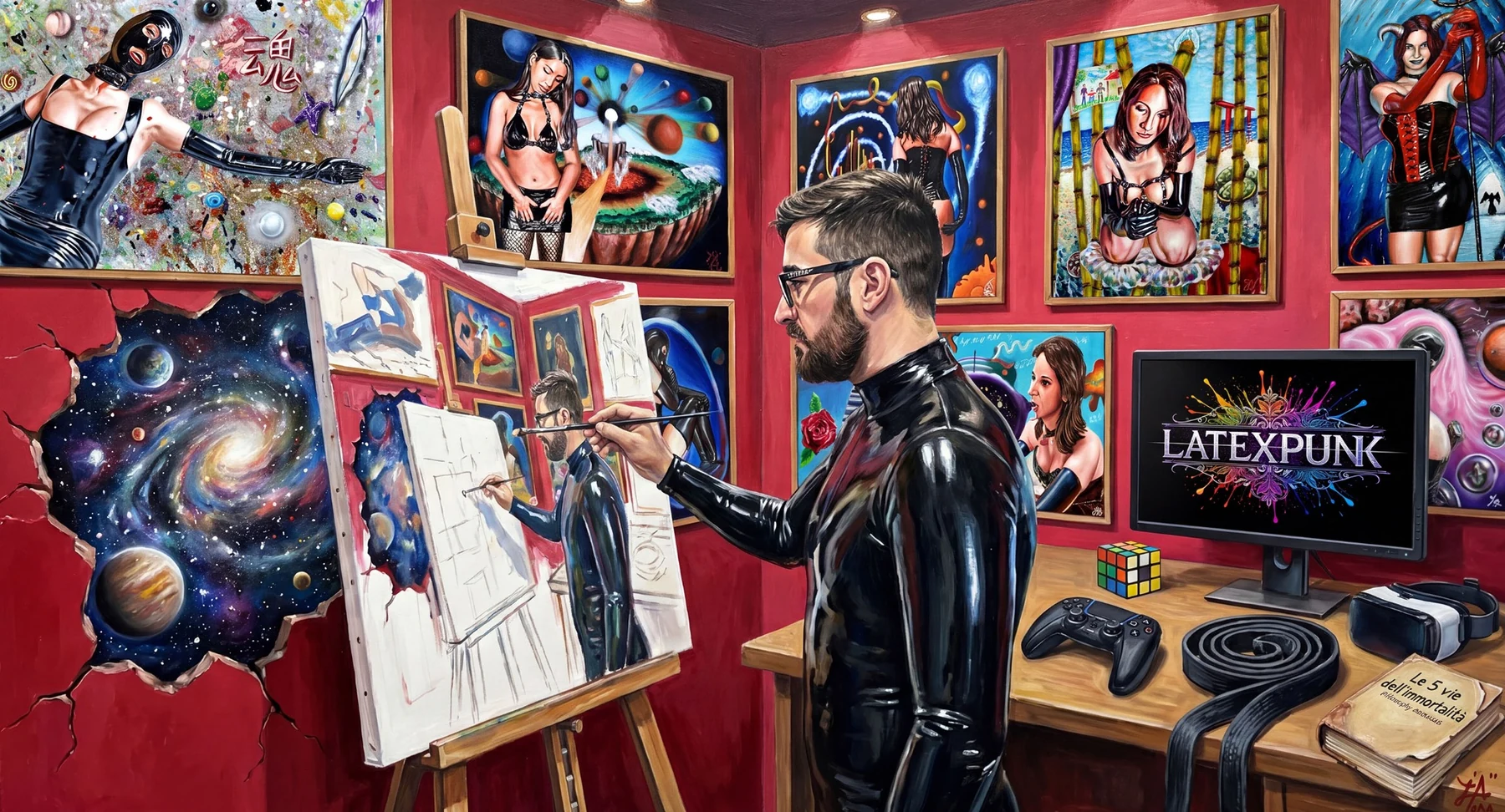 AI-generated self-portrait of Lorenzo Mureddu painting in a studio surrounded by Latexpunk artworks