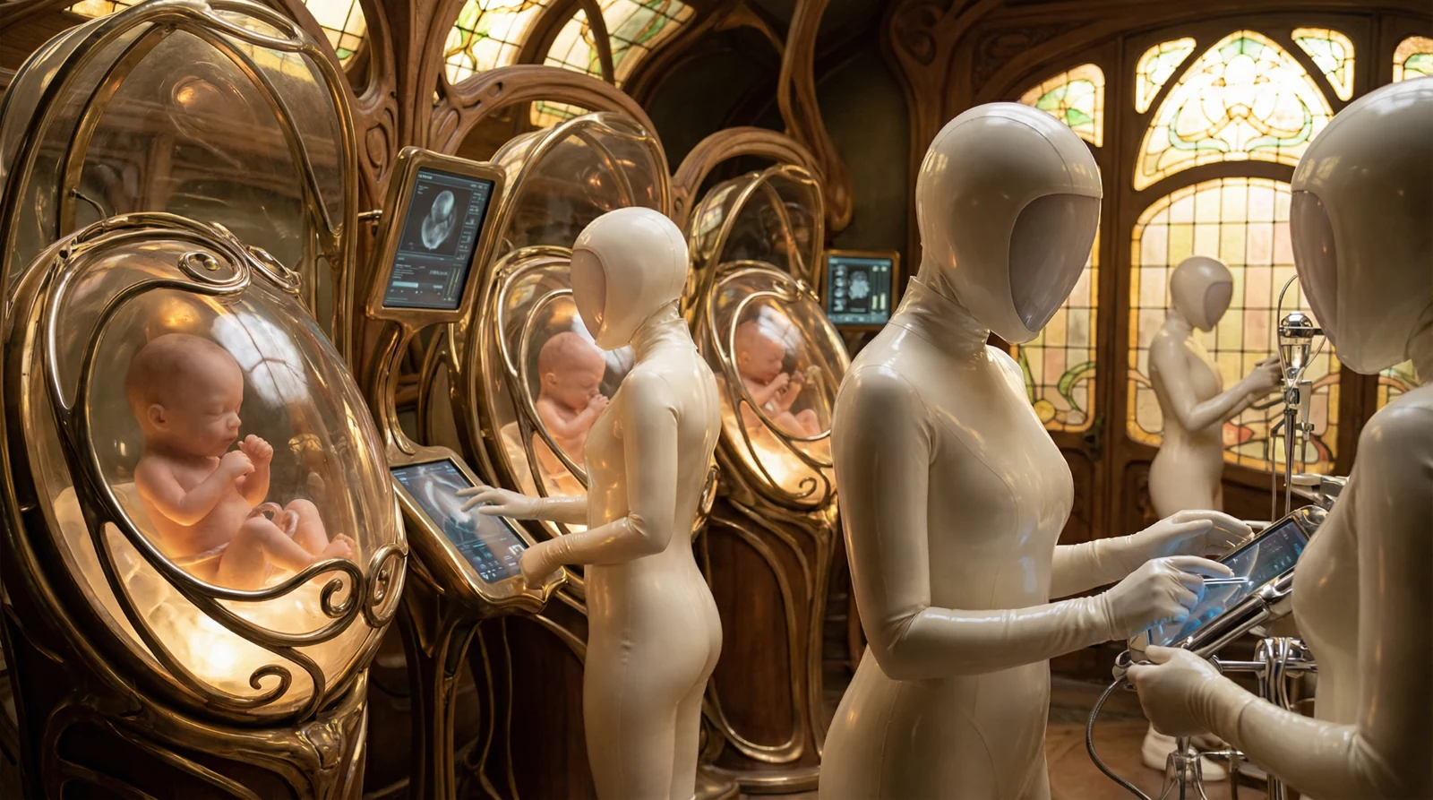 White-suited attendants monitoring artificial gestation chambers