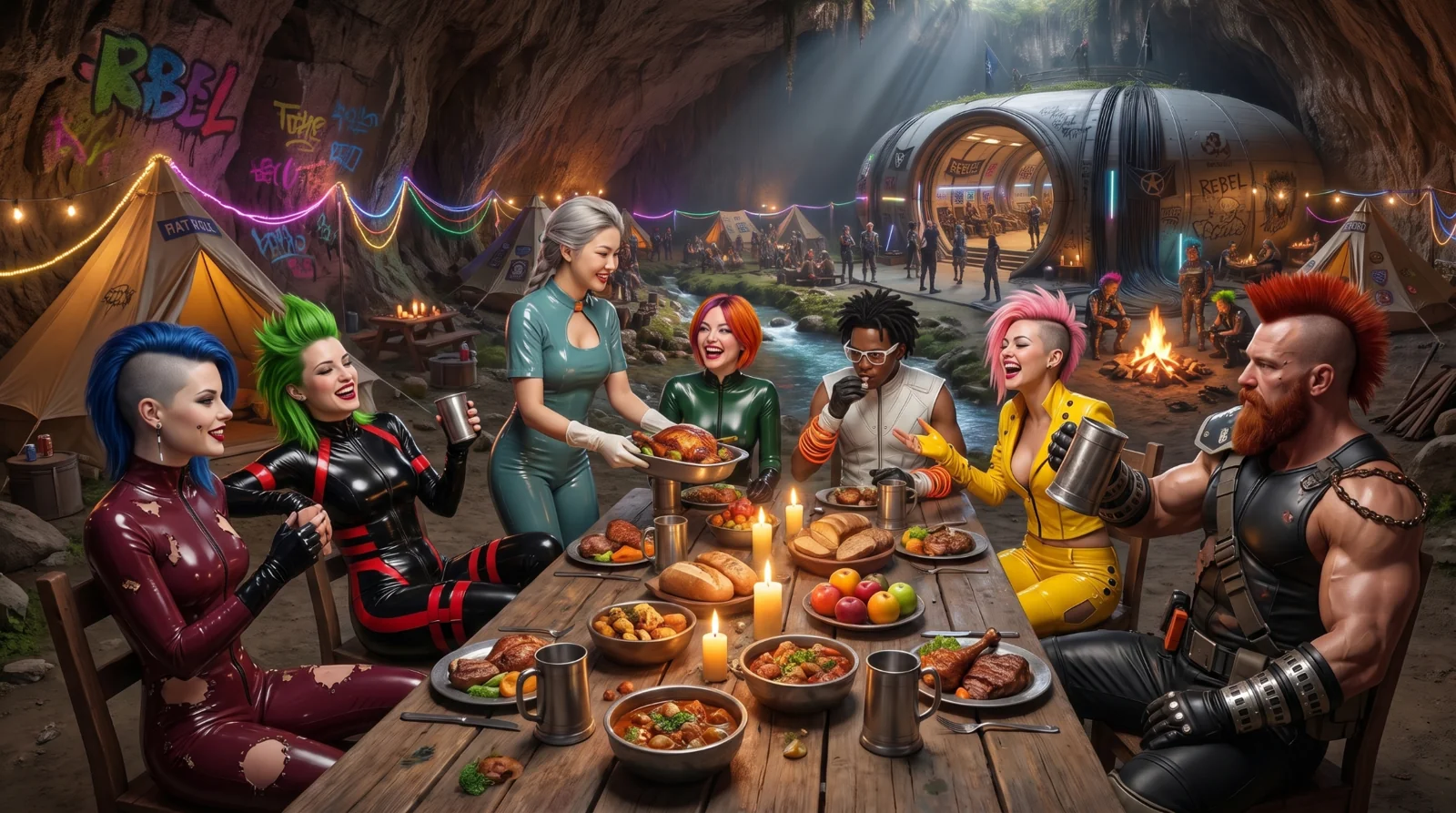 The Freebirds sharing a feast in their cave refuge
