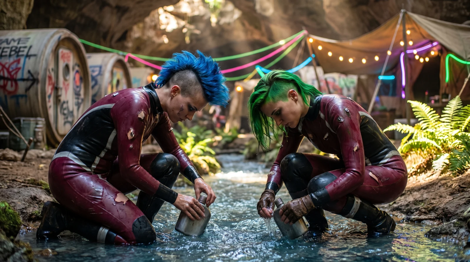 Two Freebirds collecting water in the cave village