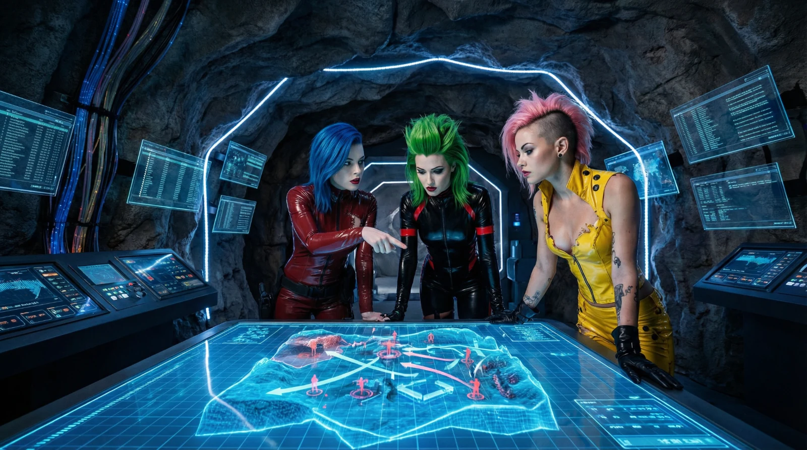 Blue, Viper and Pink planning together at a holographic table