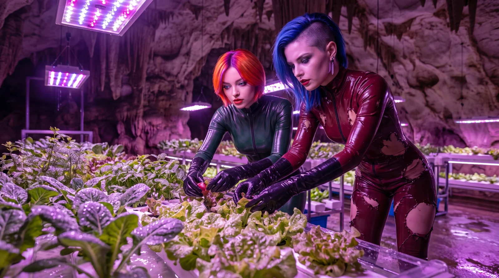 Freebirds harvesting vegetables in the underground hydroponic garden