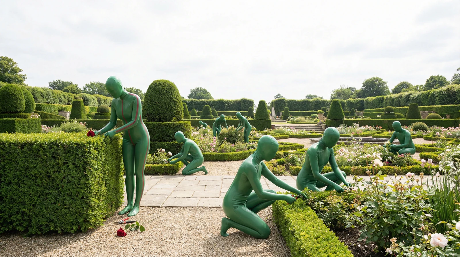 Green-suited workers tending a formal garden