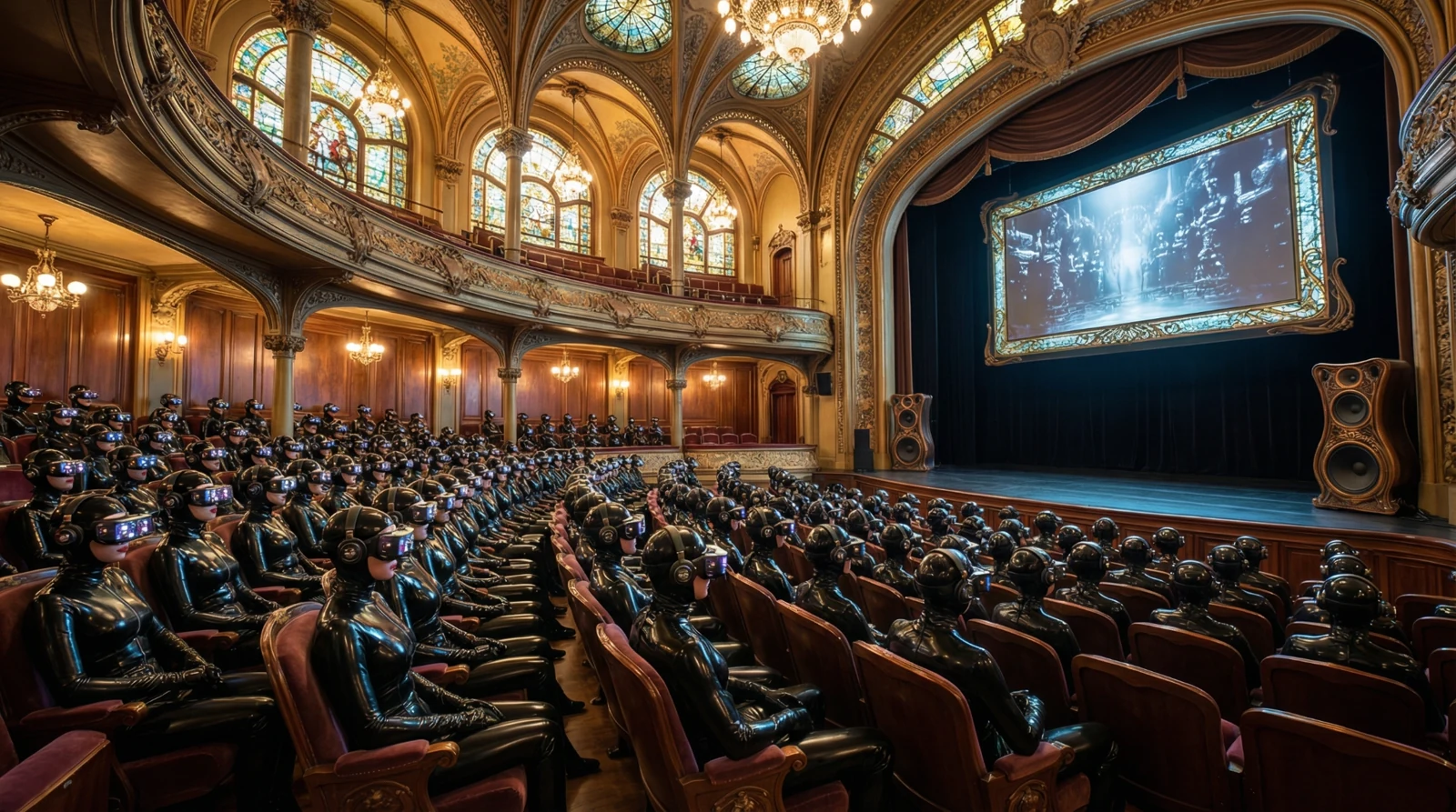 Citizens watching a performance inside a richly decorated theatre