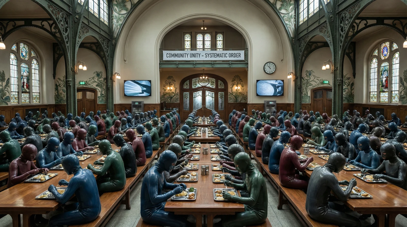 Citizens eating together in symmetrical rows in an ornate refectory