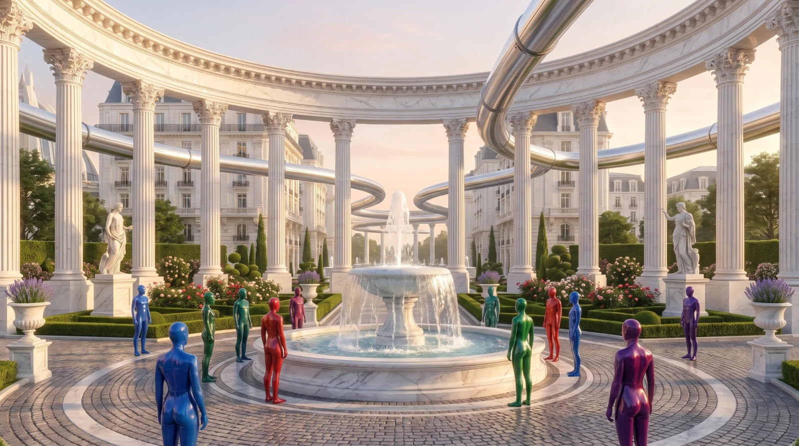 Citizens in coloured latex suits walking through Liberty Plaza beneath elevated transport tubes