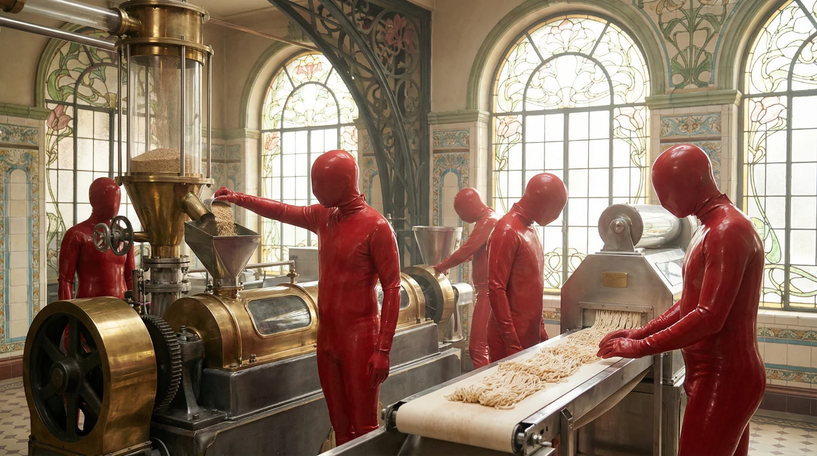Red-suited workers processing synthetic protein in a bright Art Nouveau facility
