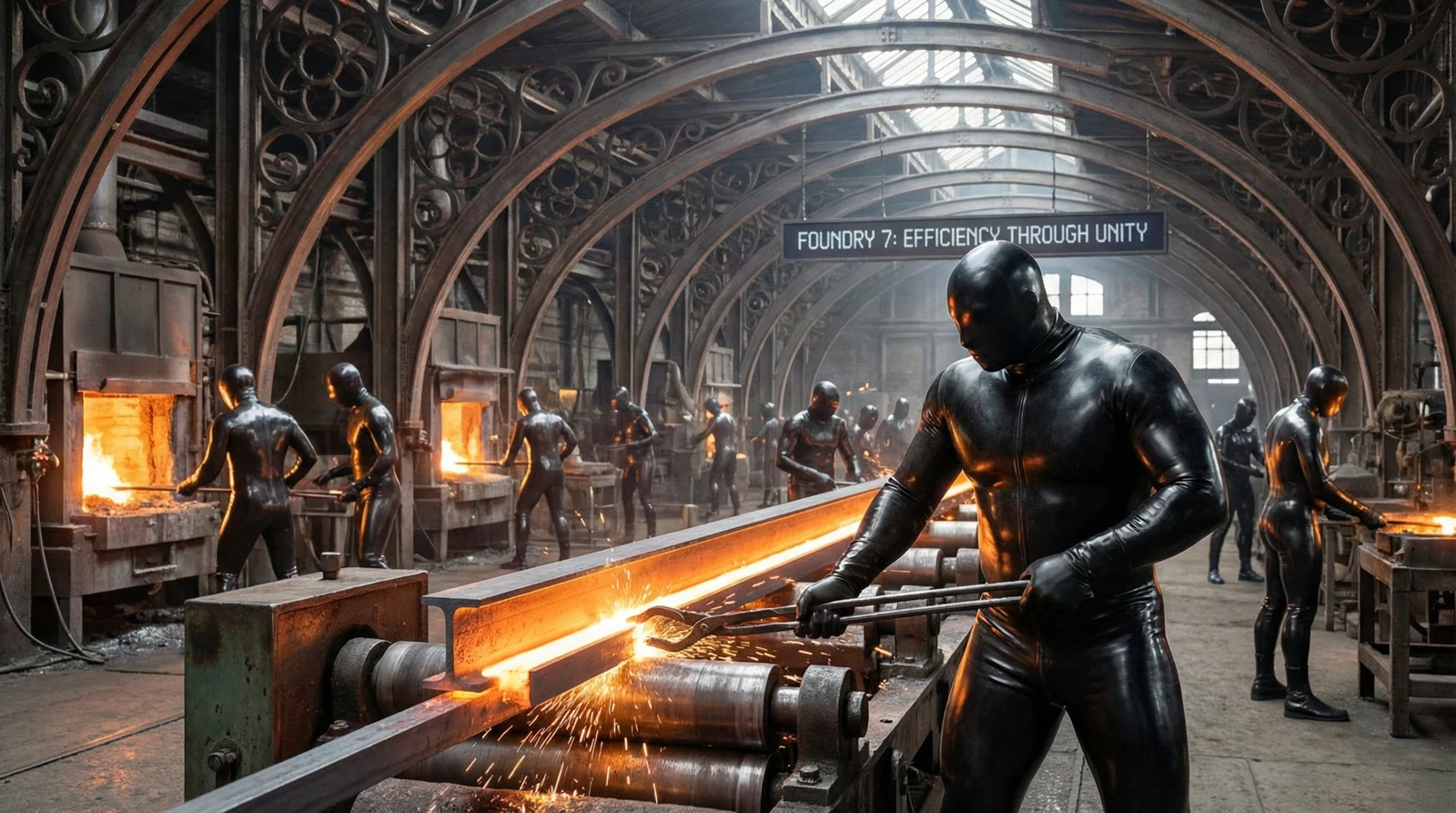 Black-suited workers operating furnaces in an ornate foundry