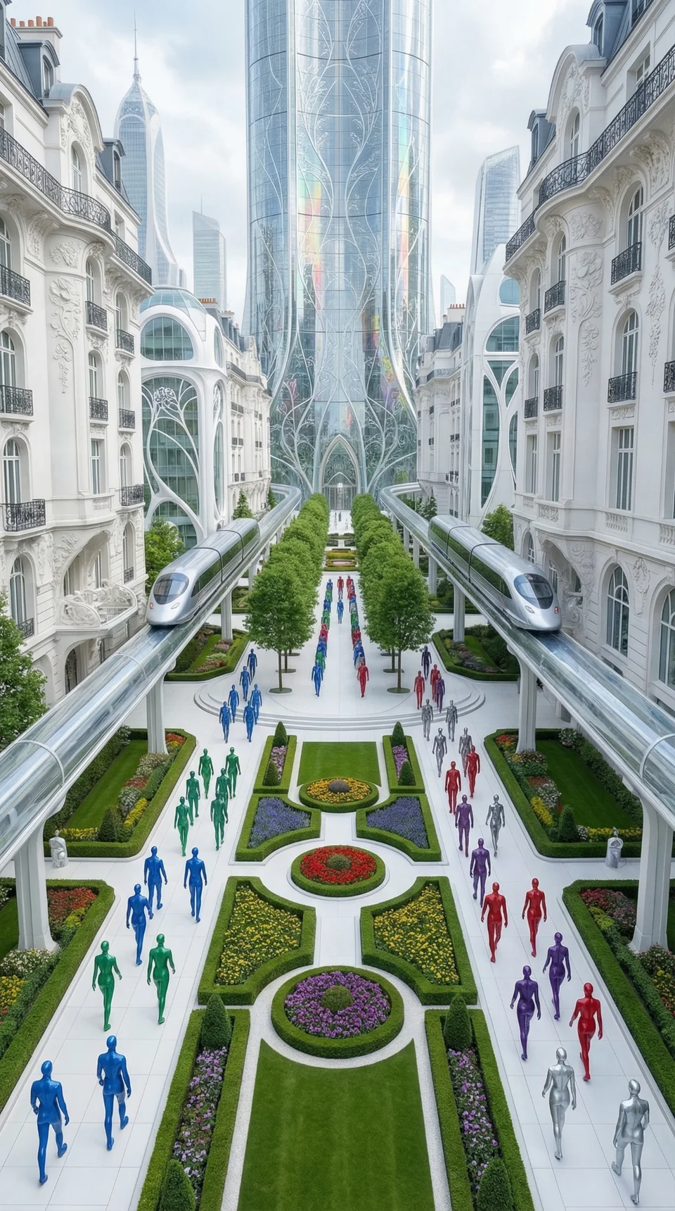 White Art Nouveau city with citizens arranged by suit color